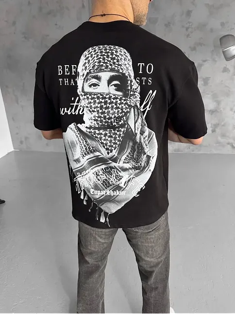 Unisex Baskılı Oversize T-shirt - Siyah