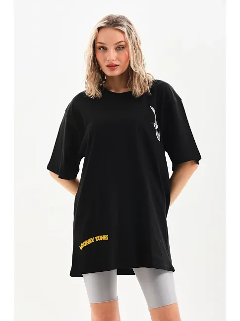 Unisex Baskılı Oversize T-shirt - Siyah