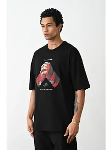 Unisex Baskılı Oversize T-shirt - Siyah