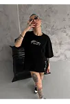Unisex Baskılı Oversize T-shirt - Siyah
