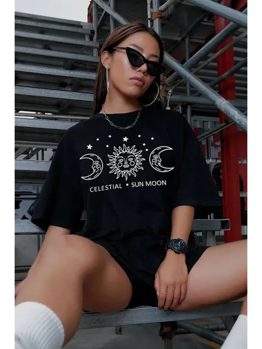 Unisex Baskılı Oversize T-Shirt - Siyah Unisex Baskılı Oversize T-Shirt - Siyah