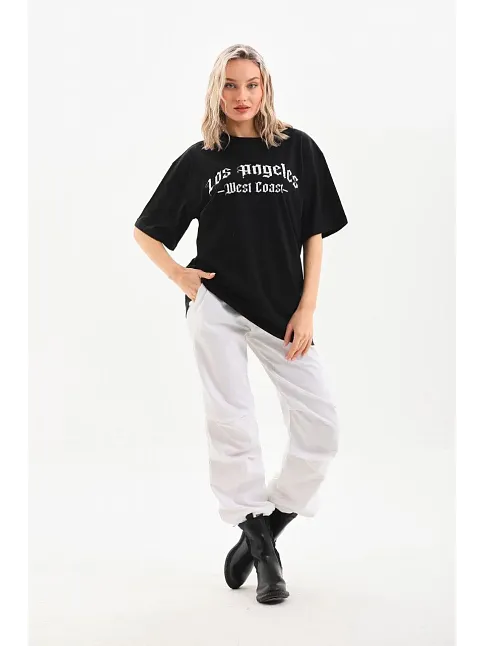 Unisex Baskılı Oversize T-shirt - Siyah