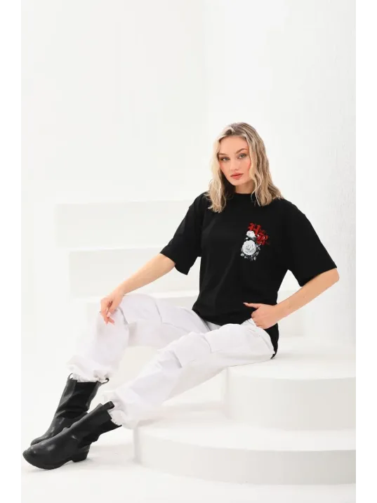 Unisex Baskılı Oversize T-Shirt - Siyah