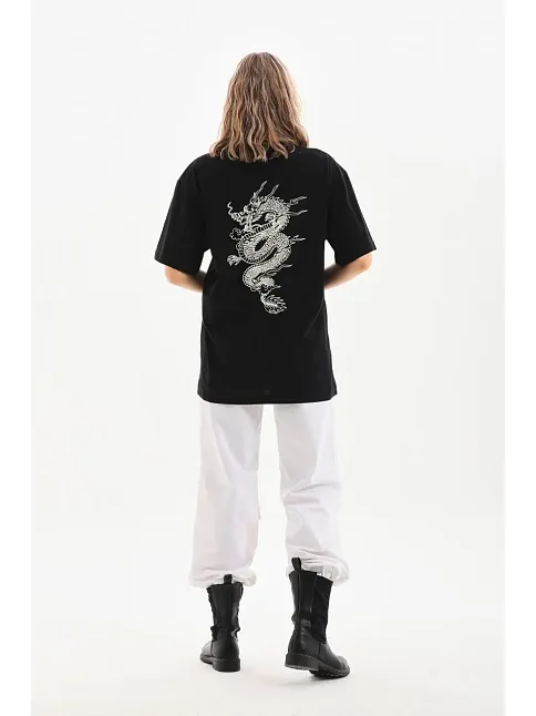 Unisex Baskılı Oversize T-shirt - Siyah
