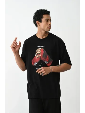 Unisex Baskılı Oversize T-Shirt - Siyah