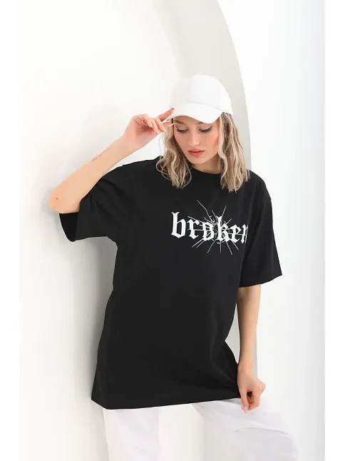 Unisex Baskılı Oversize T-shirt - Siyah