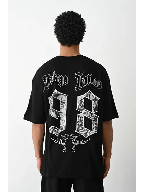Unisex Baskılı Oversize T-shirt - Siyah