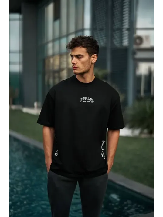 Unisex Baskılı Oversize T-Shirt - Siyah