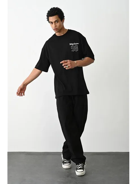 Unisex Baskılı Oversize T-shirt - Siyah