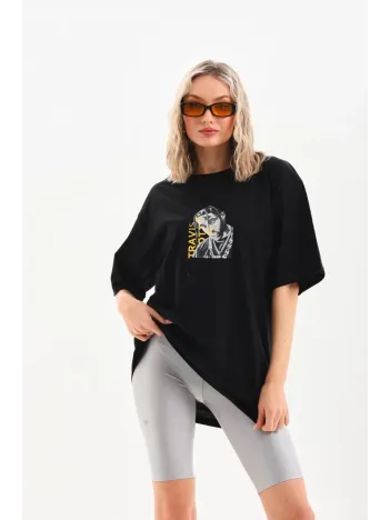 Unisex Baskılı Oversize T-Shirt - Siyah