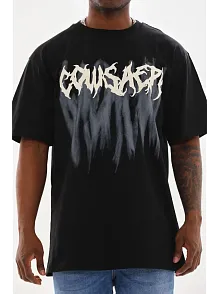 Erkek Baskılı T-shirt Kısa Kol Bisiklet Yaka Rahat Kalıp Tişört - Siyah