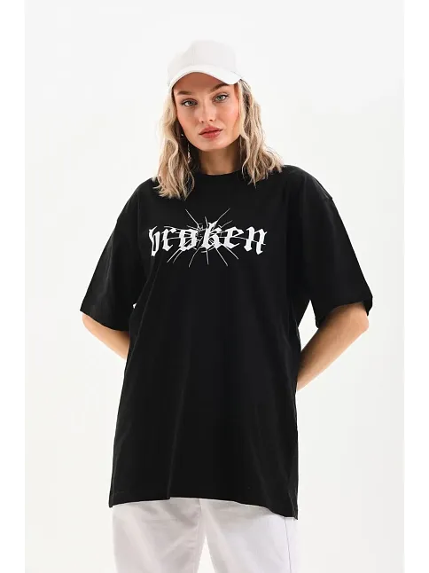 Unisex Baskılı Oversize T-shirt - Siyah