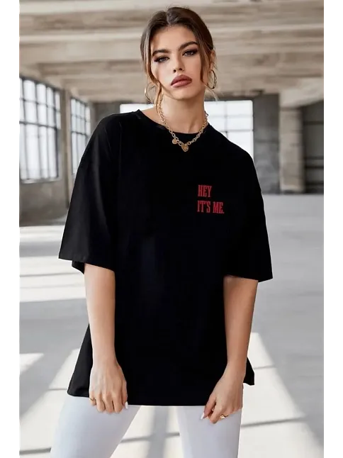 Unisex Baskılı Oversize T-shirt - Siyah