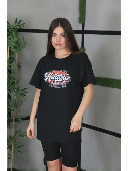 Unisex Baskılı Oversize T-shirt - Siyah