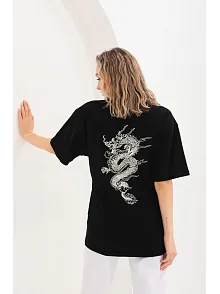 Unisex Baskılı Oversize T-shirt - Siyah