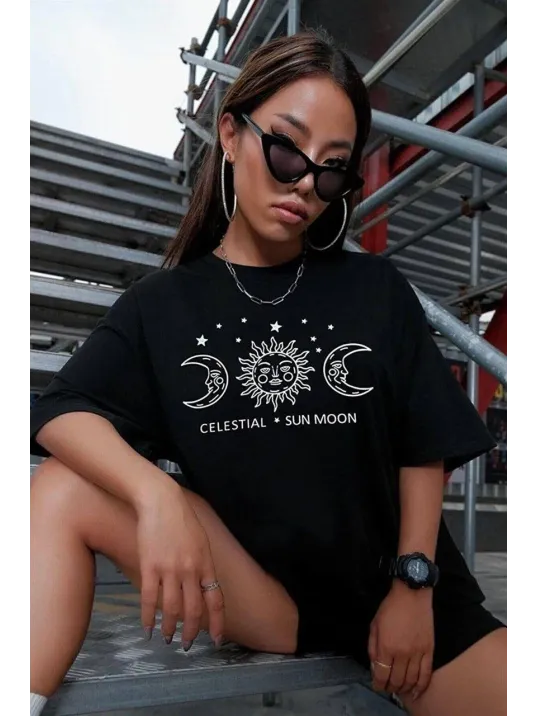 Unisex Baskılı Oversize T-Shirt - Siyah