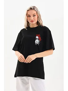 Unisex Baskılı Oversize T-shirt - Siyah