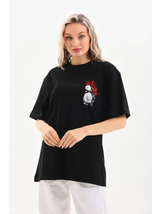 Unisex Baskılı Oversize T-Shirt - Siyah