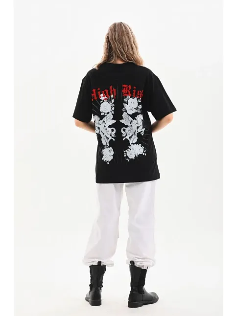 Unisex Baskılı Oversize T-shirt - Siyah
