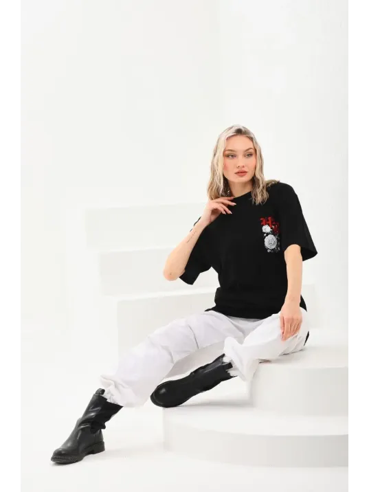 Unisex Baskılı Oversize T-Shirt - Siyah