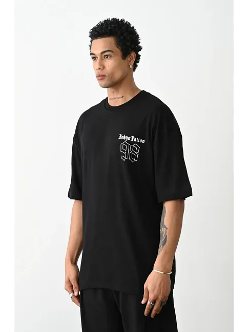 Unisex Baskılı Oversize T-shirt - Siyah