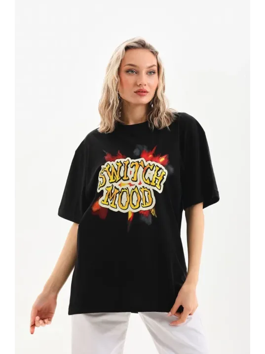 Unisex Baskılı Oversize T-Shirt - Siyah Unisex Baskılı Oversize T-Shirt - Siyah