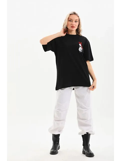 Unisex Baskılı Oversize T-shirt - Siyah