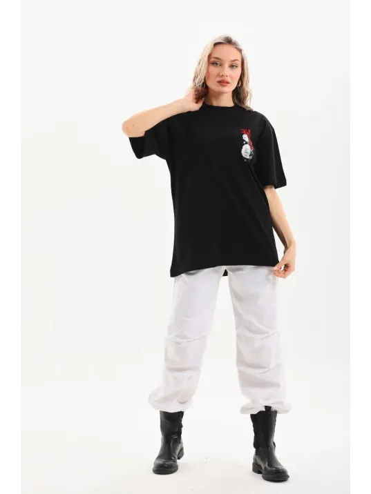 Unisex Baskılı Oversize T-Shirt - Siyah