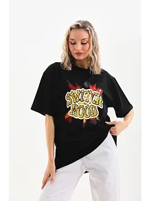 Unisex Baskılı Oversize T-shirt - Siyah