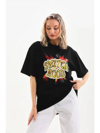 Unisex Baskılı Oversize T-Shirt - Siyah