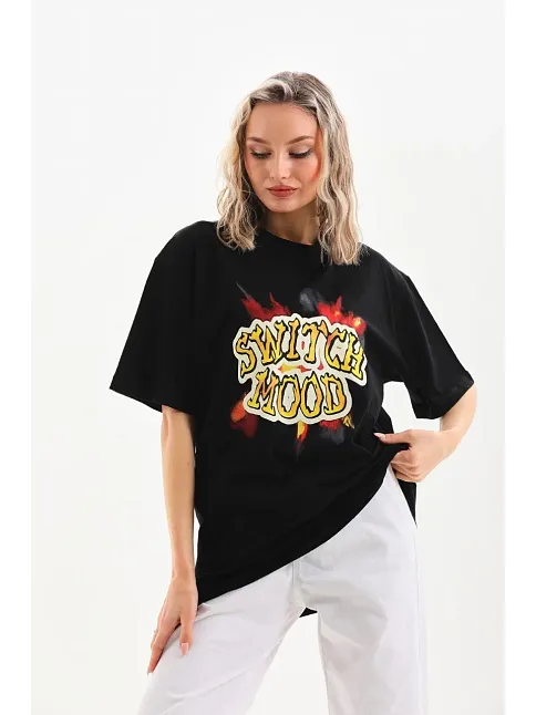 Unisex Baskılı Oversize T-shirt - Siyah
