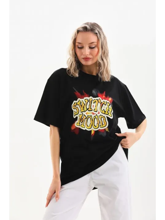 Unisex Baskılı Oversize T-Shirt - Siyah Unisex Baskılı Oversize T-Shirt - Siyah