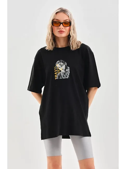 Unisex Baskılı Oversize T-shirt - Siyah