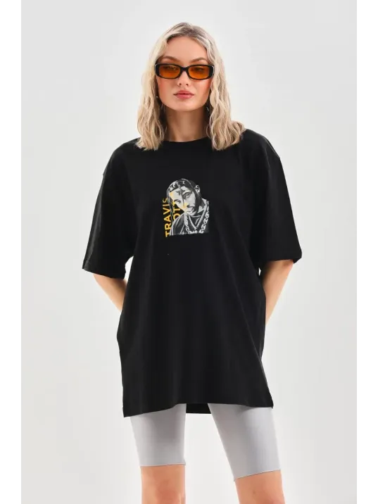 Unisex Baskılı Oversize T-Shirt - Siyah