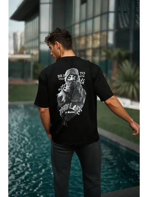 Unisex Baskılı Oversize T-shirt - Siyah