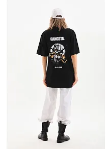 Unisex Baskılı Oversize T-shirt - Siyah