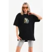 Unisex Baskılı Oversize T-Shirt - Siyah