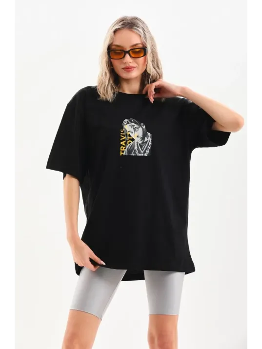 Unisex Baskılı Oversize T-Shirt - Siyah