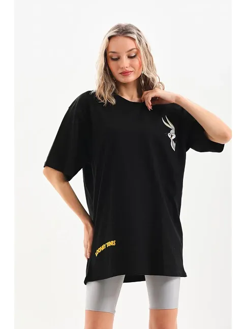 Unisex Baskılı Oversize T-shirt - Siyah