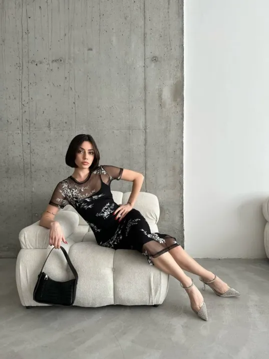 Kadın Baskılı Şifon Kimono Elbise - Siyah Kadın Baskılı Şifon Kimono Elbise - Siyah