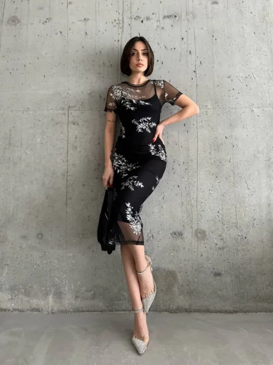 Kadın Baskılı Şifon Kimono Elbise - Siyah Kadın Baskılı Şifon Kimono Elbise - Siyah