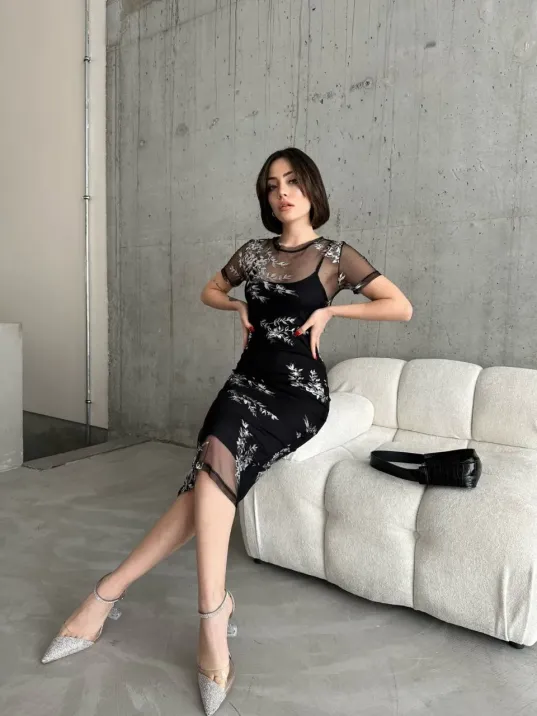 Kadın Baskılı Şifon Kimono Elbise - Siyah Kadın Baskılı Şifon Kimono Elbise - Siyah