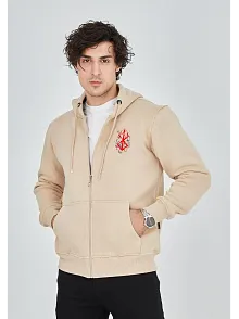 Unisex Baskılı Tam Fermuarlı Kapşonlu Sweatshirt - Bej