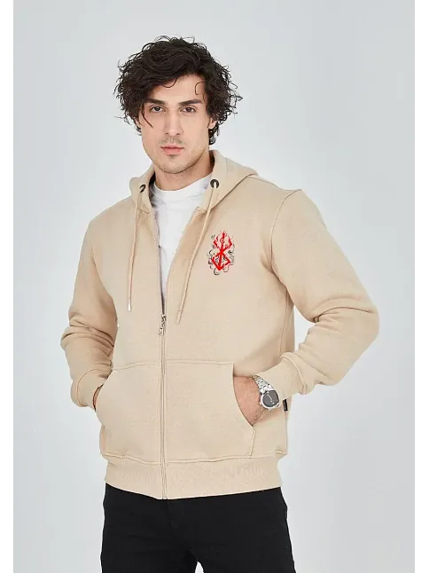Unisex Baskılı Tam Fermuarlı Kapşonlu Sweatshirt - Bej