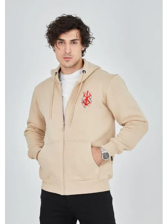 Unisex Baskılı Tam Fermuarlı Kapşonlu Sweatshirt - Bej Unisex Baskılı Tam Fermuarlı Kapşonlu Sweatshirt - Bej