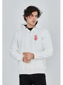 Unisex Baskılı Tam Fermuarlı Kapşonlu Sweatshirt - Beyaz