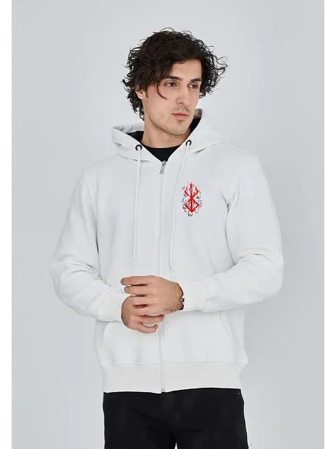 Unisex Baskılı Tam Fermuarlı Kapşonlu Sweatshirt - Beyaz