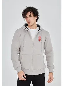 Unisex Baskılı Tam Fermuarlı Kapşonlu Sweatshirt - Boyalı Gri