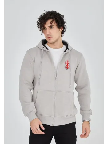 Unisex Baskılı Tam Fermuarlı Kapşonlu Sweatshirt - Boyalı Gri