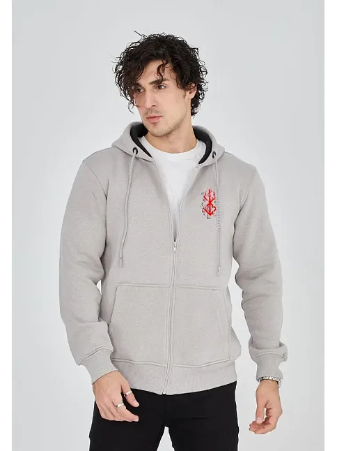 Unisex Baskılı Tam Fermuarlı Kapşonlu Sweatshirt - Boyalı Gri